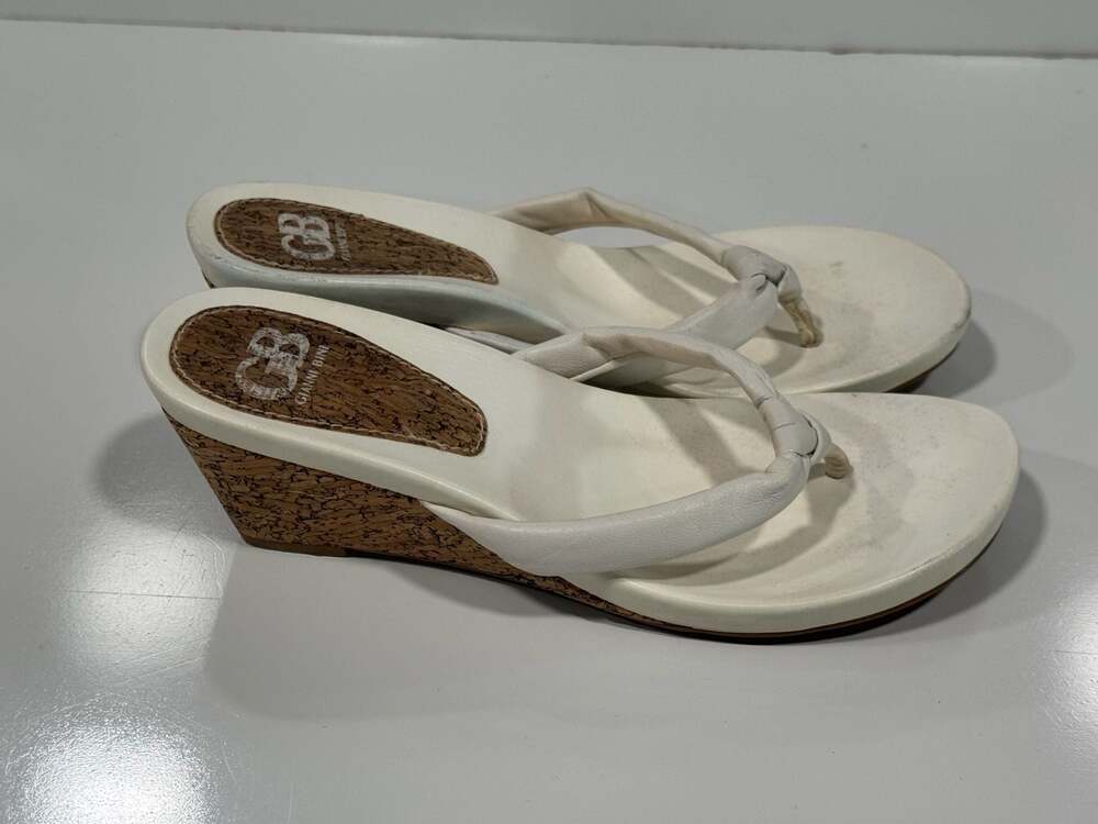 Gianni Bini White Leather Thong Cork Wedge Sandals Size 8M
